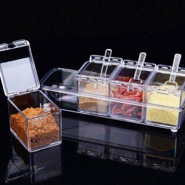 Crystal Seasoning Box With 4 Compartments And Spoons – Transparent Spice Storage Container Set For Kitchen Organization