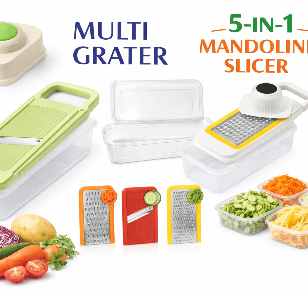 Make food prep quick and effortless with this 5-in-1 Multi Grater & Mandoline Slicer. Equipped with sharp stainless steel blades, it easily slices, grates, shreds, and juliennes vegetables, fruits, and cheese. The included transparent storage box collects food directly while cutting, keeping your kitchen clean and organized. Ergonomic hand guard ensures safety, while compact design allows easy storage. Perfect for carrots, potatoes, cucumbers, cabbage, cheese, and more. Key Features: 5-in-1 multi-function grater & mandoline slicerSharp, durable stainless steel bladesIncludes food container for mess-free slicingSafe hand guard for comfortable useEasy to clean & space-saving designIdeal for vegetables, fruits, and cheese