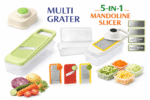 Make food prep quick and effortless with this 5-in-1 Multi Grater & Mandoline Slicer. Equipped with sharp stainless steel blades, it easily slices, grates, shreds, and juliennes vegetables, fruits, and cheese. The included transparent storage box collects food directly while cutting, keeping your kitchen clean and organized. Ergonomic hand guard ensures safety, while compact design allows easy storage. Perfect for carrots, potatoes, cucumbers, cabbage, cheese, and more. Key Features: 5-in-1 multi-function grater & mandoline slicerSharp, durable stainless steel bladesIncludes food container for mess-free slicingSafe hand guard for comfortable useEasy to clean & space-saving designIdeal for vegetables, fruits, and cheese