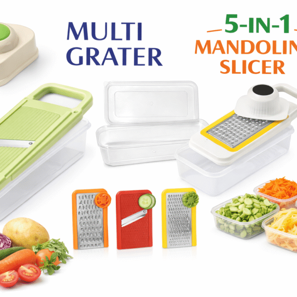 Make food prep quick and effortless with this 5-in-1 Multi Grater & Mandoline Slicer. Equipped with sharp stainless steel blades, it easily slices, grates, shreds, and juliennes vegetables, fruits, and cheese. The included transparent storage box collects food directly while cutting, keeping your kitchen clean and organized. Ergonomic hand guard ensures safety, while compact design allows easy storage. Perfect for carrots, potatoes, cucumbers, cabbage, cheese, and more. Key Features: 5-in-1 multi-function grater & mandoline slicerSharp, durable stainless steel bladesIncludes food container for mess-free slicingSafe hand guard for comfortable useEasy to clean & space-saving designIdeal for vegetables, fruits, and cheese
