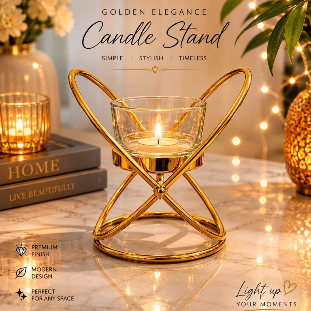 Golden Metal Candle Stand with Glass Holder placed on a marble table for luxury home decoration.