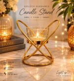 Golden Metal Candle Stand with Glass Holder placed on a marble table for luxury home decoration.