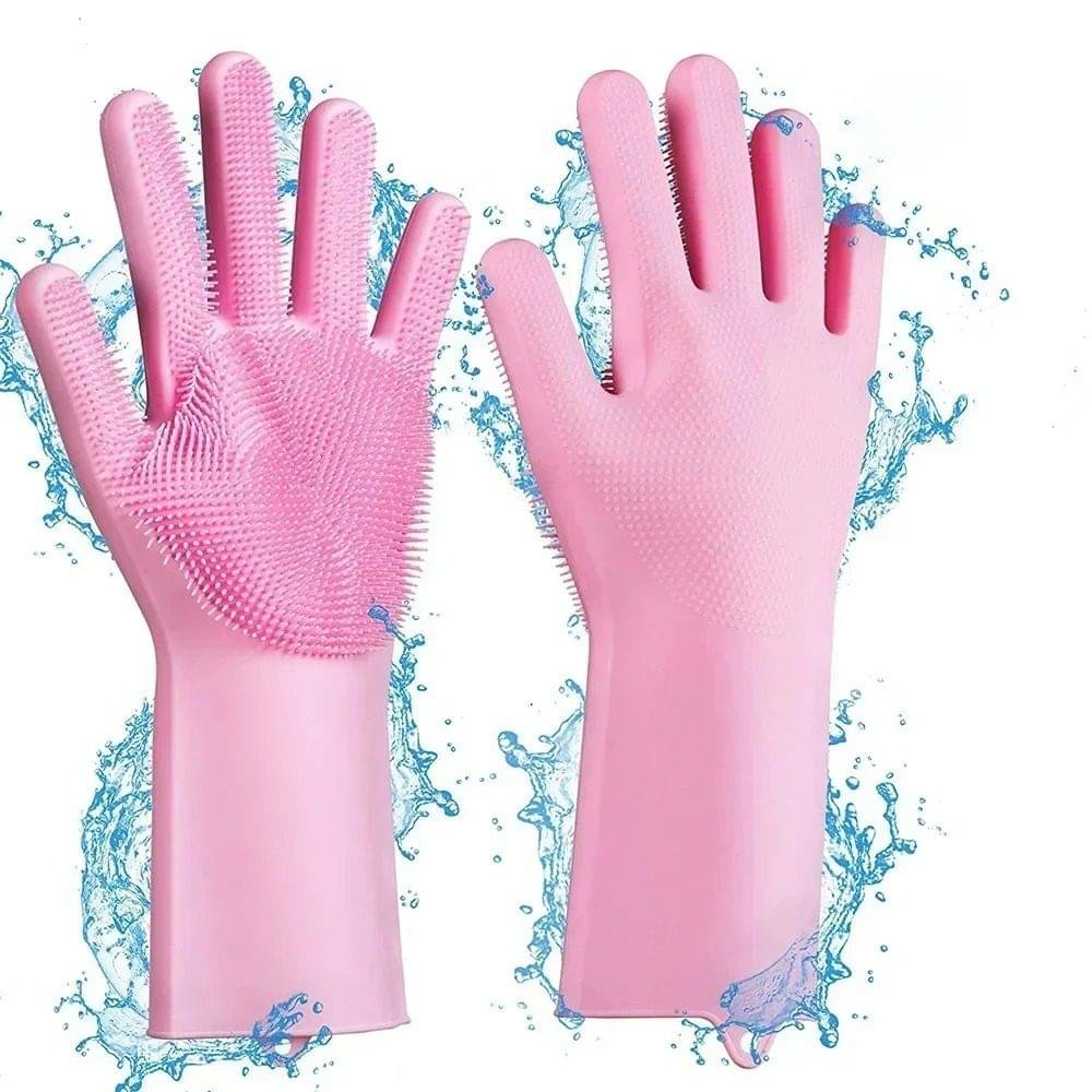 Magic Silicone Dish washing Gloves – Reusable Rubber Cleaning Gloves with Built-In Scrubber for Kitchen & Household Use (Random color)